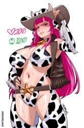 1girls 2024 2d 2d_(artwork) bodily_fluids cow_print cowboy_hat cowgirl cowgirl_outfit female hololive hololive_english long_hair mori_calliope pink_hair pubic_hair rockaroll solo solo_female sweat sweaty