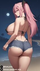 ai_generated alternate_breast_size beach covered_nipples denim_shorts from_behind gumi_arts huge_breasts krul_tepes looking_at_viewer looking_back night outdoors owari_no_seraph pink_hair red_eyes stable_diffusion thick_thighs wide_hips