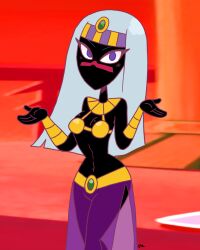 1girls alien alien_girl alien_humanoid armbands black_body crown duck_dodgers eyxxx facial_mark female female_focus female_only golden_bikini_top looney_tunes martian martian_(duck_dodgers) purple_eyes queen_tyr'ahnee see-through_skirt warner_brothers white_hair