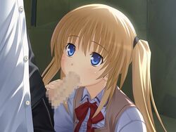 ayase_natsuki blonde_hair blue_eyes censored color fellatio female game_cg human kneeling male necktie nekonyan oral penis sakaagari_hurricane school_uniform standing straight tied_hair twintails unzipped