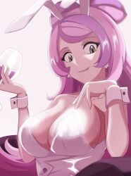 bunny_ears bunnysuit detached_cuffs earrings green_eyes holding_drink holding_object large_breasts lipstick looking_at_viewer miriam_(pokemon) pink_hair pink_lipstick pokemon sitting tagme vivivoovoo