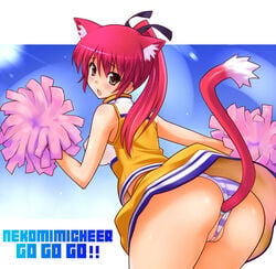 1girls anal anal_insertion anal_tail animal_ears ass blush breasts brown_eyes butt_plug_tail buttplug buttplug_tail cameltoe cat_ears cheerleader cleavage erect_nipples female itoji looking_at_viewer looking_back original panties pom_poms ponytail red_hair solo straight_hair striped striped_panties sweatdrop tail tied_hair underwear upskirt