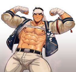 1boy 2024 bandana bara barazoku blush bulge capcom clothing flexing_bicep hi_res highres kimakkun looking_at_viewer male male_nipples male_only muscular_male nipples ryu_(street_fighter) street_fighter street_fighter_6