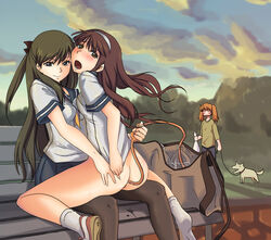 ankle_socks anklehighs anus ass ass_grab bag bench bottle bottle_filling bottomless brown_eyes brown_hair cloud covering covering_ass dusk elk115 enema female footwear hairband long_hair looking_back multiple_girls no_panties one_shoe open_mouth original outdoors pantyhose park public school_uniform serafuku shirt_tug single_shoe sky smile socks straight_hair tube uncensored upright_straddle water_bottle white_socks yuri