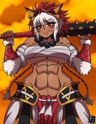 1girls abs ajsdoodles breasts club_(weapon) dark-skinned_female dark_skin female female_only fire_emblem fire_emblem_fates from_below grey_hair large_breasts looking_at_viewer looking_down muscular muscular_female nintendo red_eyes rinkah_(fire_emblem) smile solo underboob weapon