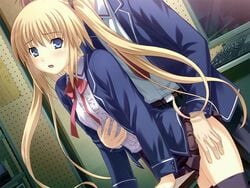 1boy ayase_natsuki bent_over blonde_hair blue_eyes blush clothed_sex doggy_style female flat_chest frills game_cg hug long_hair male necktie nekonyan open_mouth recording_studio sakaagari_hurricane school_uniform sex skirt skirt_lift straight thighhighs tied_hair twintails