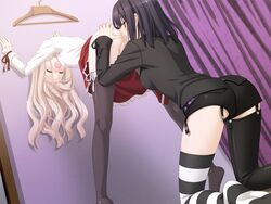 against_wall anilingus ass ass_grab asymmetrical_clothes belt bent_over black_legwear black_thighhighs blonde_hair blush censored closed_eyes clothes clothes_hanger curtains detached_pants female game_cg garter_belt garters hot_pants kawamura_reo kneeling long_hair multiple_girls open_mouth oral panties panty_pull peko pink_eyes purple_hair pussy ribbon rimjob sawaguchi_mai short_hair short_shorts shorts side-tie_panties single_thighhigh skirt skirt_lift sono_hanabira_ni_kuchizuke_wo standing_yuri striped striped_legwear striped_thighhighs sweat thighhighs tongue underwear wavy_hair white_panties yuri