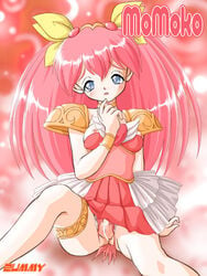 2003 armor blue_eyes blush bow breasts choker dress female garters hairbow headband heart long_hair magical_girl momoko_hanasaki pink_hair pussy solo tied_hair torn_clothes torn_panties twintails wedding_peach wedding_peach_(character) wings zummy