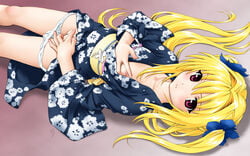 16:10 breasts collarbone female fingering fingering_self fuji_shinobu highres japanese_clothes kimono konjiki_no_yami long_hair masturbation nipples open_kimono panties panty_pull pussy red_eyes solo to_love-ru uncensored underwear wallpaper