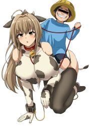 1boy 1girls age_difference all_fours amagi_brilliant_park animal_ears animal_print antenna_hair bell bent_over between_breasts black_thighhighs blush bondage breast_press breasts brown_eyes brown_hair censored character_request commentary_request covered_nipples cow_ears cow_girl cow_horns cow_print cow_tail cowbell cuffs elbow_gloves female femsub gloves grin handcuffs hanging_breasts hat horns identity_censor kindergarten_uniform long_hair male maledom open_mouth petplay pony_play ponyplay rebake rebake-1453 riding school_hat sento_isuzu shorts simple_background smile straight sweat tail thighhighs white_background