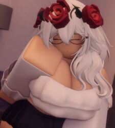 1girls 3d big_breasts breasts cleavage closed_eyes female female_focus female_only flower flower_crown flower_on_head glass hand_on_breast long_hair niki_okarin roblox roblox_avatar robloxian rose shoulderless_shirt skirt smile smiling solo white_hair