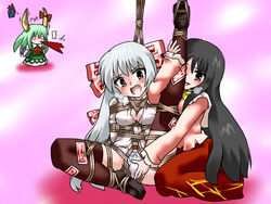 arms_behind_back black_hair blood blush bondage bottomless bow breath chibi cleavage crying domination ex-keine female femdom femsub fingering frogtie fujiwara_no_mokou green_hair grope hair_bow hair_ribbon hat horns kaguya_houraisan keine_kamishirasawa leg_up lili_(artist) lilish long_hair medium_breasts multiple_girls no_pants nosebleed open_mouth panties pussy_juice pussy_juice_trail red_eyes ribbon rope shibari shibari_over_clothes silver_hair sitting spread_legs tears thighhighs touhou underwear wet_panties yuri