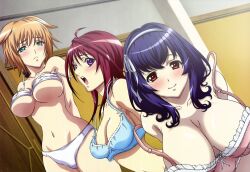 3girls blue_bra blue_panties blue_underwear blush brown_hair busty busty_female changing clothing female green_eyes huge_breasts large_breasts long_hair looking_at_viewer mafuyu_oribe multiple_girls open_mouth panties pink_bra pink_panties pink_underwear purple_eyes purple_hair red_eyes red_hair seikon_no_qwaser shocked smile teresa_beria underwear white_bra white_panties white_underwear yamanobe_tomo