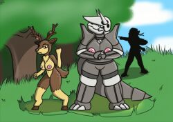 aggron angry angry_expression anthro big_breasts brokenrekordbro choker clenched_hand furry hooves looking_at_viewer mega_stone pokémon_(species) pokemon pokemon_(species) pussy sawsbuck scalie spring_sawsbuck tagme