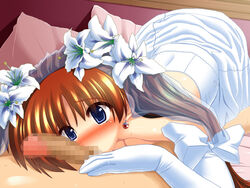 1boy 1girls ball_sucking bride brown_hair censored dress elbow_gloves esuesu flower gloves light-skinned_female light-skinned_male light_skin long_hair lyrical_nanoha mahou_shoujo_lyrical_nanoha mahou_shoujo_lyrical_nanoha_strikers oral penis pov takamachi_nanoha veil wedding_dress