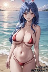 ai_generated beach bikini blue_hair braid breasts cameltoe female hololive juninholara21 long_hair mature_female micro_bikini pekomama pussy_juice rabbit_ears rabbit_girl red_eyes sunset thick_eyebrows thick_thighs virtual_youtuber vtuber