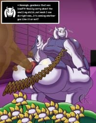 absurd_res anthro anus ass belly big_anus big_belly big_breasts big_butt breasts clothed clothing corneliousrr discomfort fart flower furaffinity furry genitals goat hi_res huge_anus huge_belly huge_breasts huge_butt hyper hyper_anus hyper_belly hyper_breasts hyper_butt hyper_fart implied_scat inflation overweight plant presenting pussy strain straining toriel undertale undertale_(series) upset_stomach voyeur