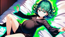 1girls ai_generated annoyed annoyed_expression bed bedroom black_dress black_shoes crossed_legs dark_dress green_eyes green_hair happy laying_on_bed lying_on_bed one-punch_man petite pregnant short_hair slender slender_legs slender_waist smile tatsumaki tiny tsundere