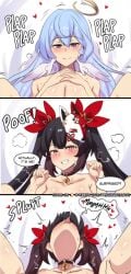 1girls black_hair blue_hair blush censored cleavage collar cowbell cum_in_pussy english_text head_back head_thrown_back heart hinghoi honkai:_star_rail honkai_(series) implied_orgasm implied_sex missionary missionary_position onomatopoeia princesshinghoi robin_(honkai:_star_rail) sparkle_(honkai:_star_rail) text tongue_out trick tricked