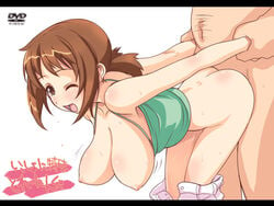 bent_over breasts brown_eyes brown_hair censored doggy_style fat_man from_behind hagiya_masakage hanging_breasts happy_sex hinako_(issho_ni_training) issho_ni_training large_breasts long_breasts no_panties sex sex_from_behind twintails wink