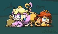 2girls all_fours animated anthro ass_to_ass banana banana_insertion banana_split blonde_hair brown_hair chabble crown double_ended_dildo entwined_tails female female_only mario_(series) monkey monkey_girl multiple_girls mutual_insertion outdoors pink_body power_up princess_daisy princess_peach self_upload shared_object_insertion tail