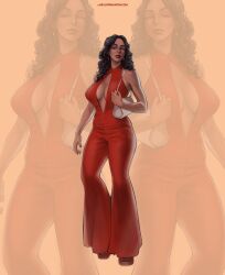 bell_bottoms_(pants) big_breasts black_hair cleavage cleavage_cutout dark-skinned_female ear_piercing earrings hourglass_figure mature_female melkor_mancin milf ms._pamela pam_grier pants purse red_clothing red_fingernails red_nails red_toenails ring romper sandals thick_hips thick_lips thick_thighs waist wide_hips