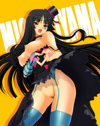 bangs bare_shoulders black_hair blue_eyes blunt_bangs breasts choker dress dress_pull face_paint facepaint female female_only fingerless_gloves garter_belt gloves hat heart heart_hands hime_cut human human_only k-on! kakogawa_tarou long_hair mini_top_hat mio_akiyama_(k-on!) moe_moe_kyun! nipples no_bra no_panties pointy_chin pubic_hair puffy_nipples solo striped thighhighs top_hat uncensored wind_lift yellow_background