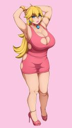 1girls arm_strap armwear big_breasts big_lips blonde_hair blue_eyes bracelet breasts choker cleavage clothing dress ear_piercing earrings female female_only footwear full_body hair hands_behind_head heart-shaped_pupils heels high_heels huge_breasts legs lips lipstick long_hair mario_(series) neckwear nintendo pink_dress pink_lips pink_lipstick princess_peach short_dress sockinajar solo solo_female thick_lips thighs