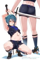 1boy androgynous armpits arms_up ass blade blue_hair blush bubble_ass bubble_butt femboy focus frogzone frogzone_art genshin_impact heels holding_object holding_sword holding_weapon male male_focus male_only seductive_smile smile solo solo_male sword trap twink weapon xingqiu_(genshin_impact) yaoi