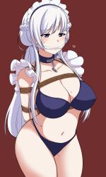 1girls arms_behind_back azur_lane belfast_(azur_lane) blue_bra blue_eyes blue_panties blush bondage bound bound_arms bra braid breasts chains cleavage cleave_gag cloth_gag collar collarbone commentary_request covered_nipples cowboy_shot crown_braid female femsub gag gagged grey_hair highres improvised_gag large_breasts light-skinned_female light_skin long_hair maid_headdress navel panties rebake rebake-1453 red_background rope royal_navy_(azur_lane) simple_background skindentation solo sweatdrop thighs thong underwear underwear_only