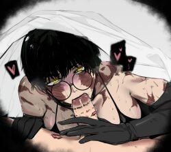 blowjob bra burn_scar color color_edit colorized cum glasses gloves hearts_around_head jujutsu_kaisen lipstick lipstick_mark lipstick_on_penis masoq095 scars scars_all_over under_covers zenin_maki