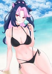 1girls animal_ears beach big_breasts bikini black_bikini blue_hair cleavage clouds day female female_focus female_only front_view highres holding_ice_cream ice_cream latam_virtual_youtuber light-skinned_female light_skin long_hair looking_at_viewer ocean pink_hair pink_nails ponytail raidenakatsuki red_eyes shura_hiwa sky smiling smiling_at_viewer summer swimsuit two_tone_hair virtual_youtuber vjin vtuber vtuberfanart