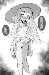 1girls bar_censor bare_shoulders blush braid breasts censored clothes_lift covered_nipples dress dress_lift female greyscale hat heavy_breathing highres japanese_text lifted_by_self lillie_(pokemon) long_hair looking_at_viewer milky_tea monochrome no_panties open_mouth pokemon pokemon_sm pussy pussy_juice side_braids small_breasts solo sun_hat sundress sweat translation_request