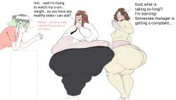 3girls ass belly dialogue fat_rolls female female_only huge_ass huge_belly huge_thighs keiko_tanaka_(gabbadraws) mizuki_(gabbadraws) multiple_girls original_character taller_girl text