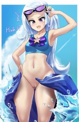 armpits belly blue_hair bottomless cigusa embarrassed english_text equestria_girls female hairclip light-skinned_female long_hair my_little_pony purple_eyes pussy star_hair_ornament sunglasses sunglasses_on_head swimsuit text trixie_(mlp) trixie_lulamoon_(eg) wardrobe_malfunction water