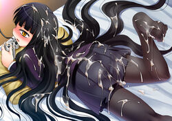 bed black_hair blush bukkake controller cum cum_on_body cum_on_clothes cum_on_hair cum_on_lower_body cum_on_upper_body cum_pool feet female_protagonist_(houkago_play) game_controller gamepad girls_playing_games houkago_play kouki_kuu long_hair lowres lying pantyhose playing_games very_long_hair video_game yellow_eyes