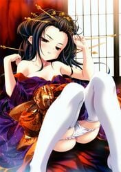 female geisha japanese_clothes kimono miyama-zero nihongami panties panty_pull pointy_chin thighhighs underwear young