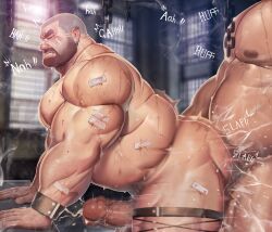 2boys anal anal_sex ass bald bald_man balls bara beard belly big_penis chubby chubby_male closed_eyes colored cumming cumming_from_anal_sex cumming_together dsharp_k ear_piercing erection facial_hair garter_belt gay highres male male_on_male male_only muscles muscular muscular_male nipples nude nude_male nudity orgasm penis penis_in_ass rough_sex scar sex standing standing_sex sweat sweating text vein veiny_penis white_body white_skin yaoi