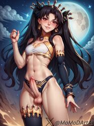 1futa ai_generated armlet black_hair crown earrings fate/grand_order futanari ishtar_(fate) long_hair momodart navel necklace penis precum red_eyes ribbon small_breasts smile stable_diffusion testicles