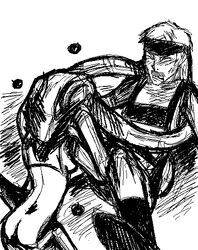 ass back beauty_and_the_beast_unit breasts female human laughing_octopus male metal_gear metal_gear_solid_4 monochrome solid_snake straight