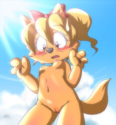 3_fingers anthro black_nose blonde_hair blush bow breasts cloud color day eyeshadow female female_only front_view fur furry furry_breasts furry_ears furry_tail furyoko glare hair hairbow kaiketsu_zorori navel nipples nude open_eyes open_mouth orange_fur outdoors pussy rule_63 sky solo standing tail uncensored vulva whiskers zorori