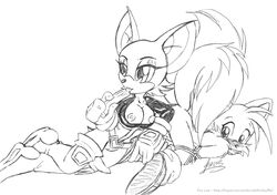 2003 2d anthro bat boots bound breasts canine clothes female footwear fox fox_lee fur furry furry_tail interspecies male mammal mobian mobian_(species) mobian_bat monochrome multi_tail nipples rouge_the_bat sega sonic_(series) sonic_adventure_2 sonic_the_hedgehog_(series) straight_hair tail tails