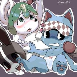 anal_beads animal_crossing anthro artist_request black_eyes blush bree_(animal_crossing) brown_eyes cat clenched_teeth crying cum cum_on_face cum_on_hair dotty_(animal_crossing) embarrassed feline female female_only green_eyes green_hair human_on_anthro looking_up male_human/female_anthro male_on_anthro mammal mouse multiple_females nintendo nude open_mouth panties penis precum rabbit rosie_(animal_crossing) short_hair sleep_mask straight_hair tears topless uncensored unseen_male_face white_panties