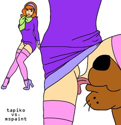 1animal 1girls bestiality canine clothed color daphne_blake dog domestic_dog dress dress_up female feral fur great_dane hanna-barbera headband high_heels human interspecies leg_up licking licking_thigh male ms_paint panties red_hair scarf scooby-doo scooby-doo_(character) straight tapiko thighhighs white_background zoophilia