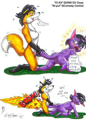 1boy1girl 2000s 2006 2_panel_comic anthro anthro_only anthro_penetrating comedy_central comic doggy_style doggystyle drawn_together ek_goya english_dialogue engrish engrish_text fakemon fire fox fur furry fursona naked ni-pul ouch pencil pencil_(object) pencil_on_ear signature tagme tail_penetration traditional_media_(artwork) what wrong_hole