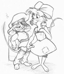 an_american_tail anthro clothes clothing crossover dress female fievel_mousekewitz first_porn_of_franchise fur furry_ears handjob hat male mammal monochrome mouse pants rodent round_ears secret_of_nimh standing straight teresa_brisby young