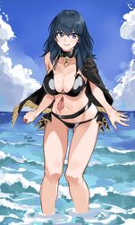 1girls beach bikini black_bikini black_swimsuit blue_eyes byleth_(fire_emblem) byleth_(fire_emblem)_(female) byleth_(summer)_(fire_emblem)_(female) cleavage female fire_emblem fire_emblem:_three_houses fire_emblem_heroes large_breasts looking_at_viewer navel nintendo ocean oliver_koito smile solo solo_female swimsuit teal_hair