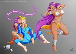 3girls barefoot bikini_top blonde_hair blue_eyes bodysuit breasts cameltoe circlet cleavage closed_eyes clothing covered_navel dancing dark-skinned_female dark_skin dragon_quest dragon_quest_iv dress erect_nipples erect_nipples_under_clothes feet female full-length_portrait full_length hypnosis large_breasts loincloth long_hair maya_mahabala meena_mahabala metroid mind_control multiple_girls navel nintendo oo_sebastian_oo open_mouth ponytail portrait purple_hair pussy pussy_juice samus_aran sisters sitting skin_tight spread_legs standing swimsuit tied_hair yuri zero_suit zero_suit_samus