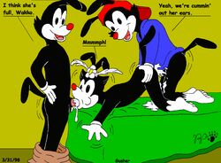 1990s 1998 20th_century animaniacs anthro black_fur clothes clothing color cum doggy_style dot_warner fellatio female flower fur furry incest insertion kthanid_(artist) male multiple_males nude oral oral_sex penis princess red_nose royalty sex straight wakko_warner white_fur yakko_warner