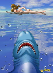 1girls bishoujo_senshi_sailor_moon breasts bruce_the_shark bubbles closed_eyes crossover jaws_(film) makoto_kino mmario_grant movie_poster nipples nude_female parody partially_submerged penis penis_shaped shark straight_hair swimming underwater